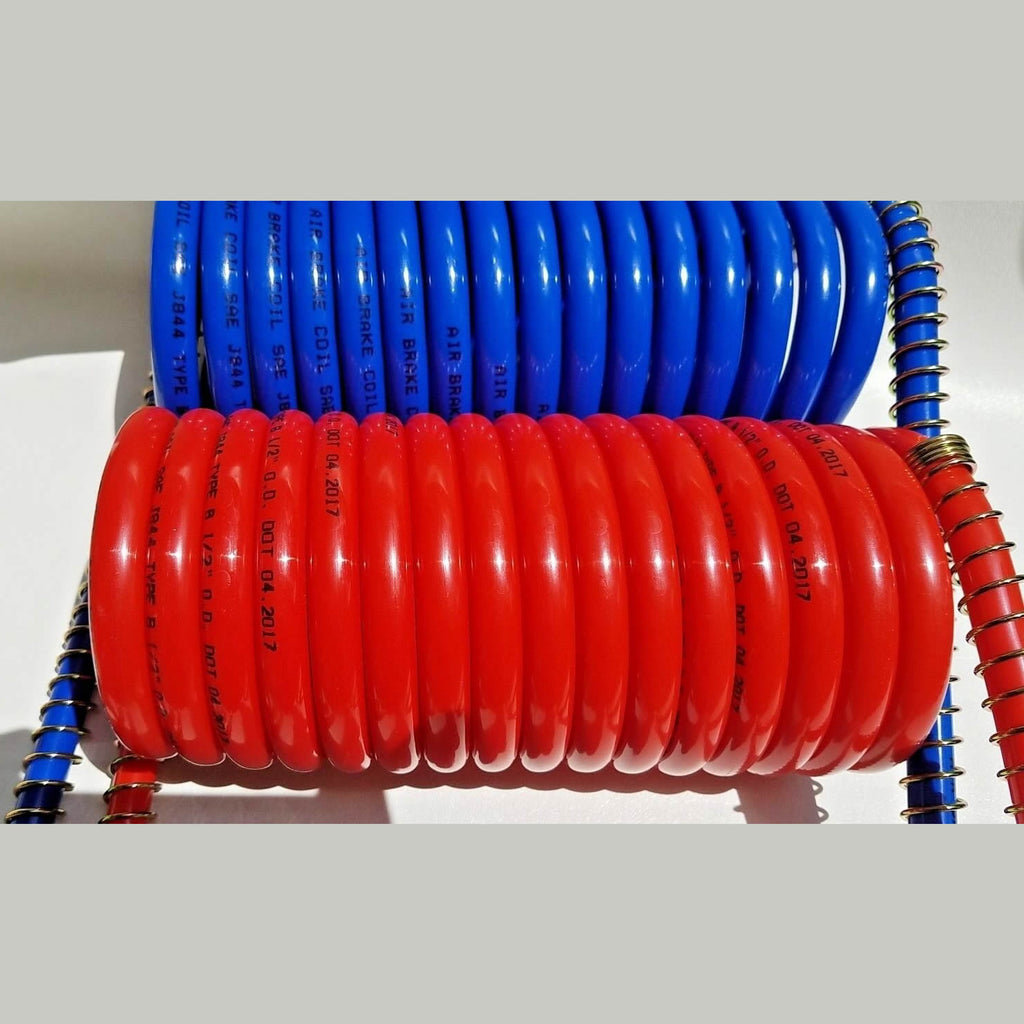 SAE 6635-73151612 Coil Coiled Air Line Hose Set 15' Red and Blue 1/2"